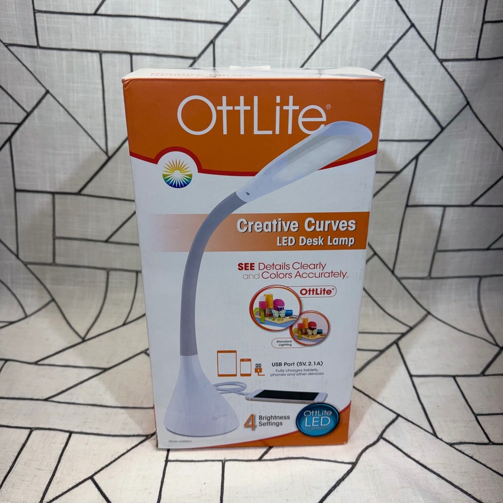 OttLite Creative Curves LED Desk Lamp White Flexible Neck USB Port A30WGC